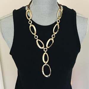 Chico's Gold Tone & Brown Cord Necklace-Hammered & Shiny Metal- Minimal Artistic